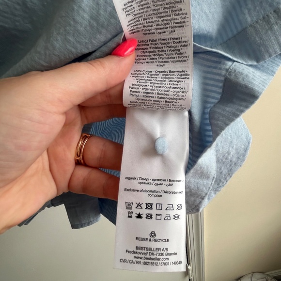 Aware by Vero Mode Blue Mock Neck Puff Sleeve Dress Sz L Keyhole Back Preppy - Picture 6 of 6